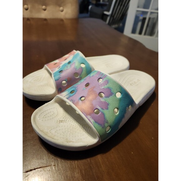 Crocs Tie Dye Graphic Classic Slip On Shoes Women's Size 7 White Colorful Slide - Picture 8 of 8